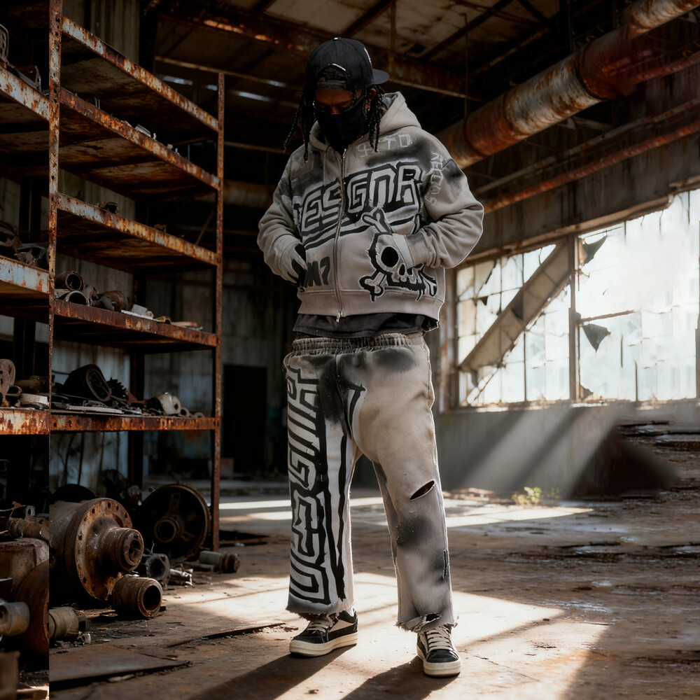 Denim woven oversized sport pants, zipper hoodie set, men's custom high-quality elevated street wear for autumn and winter