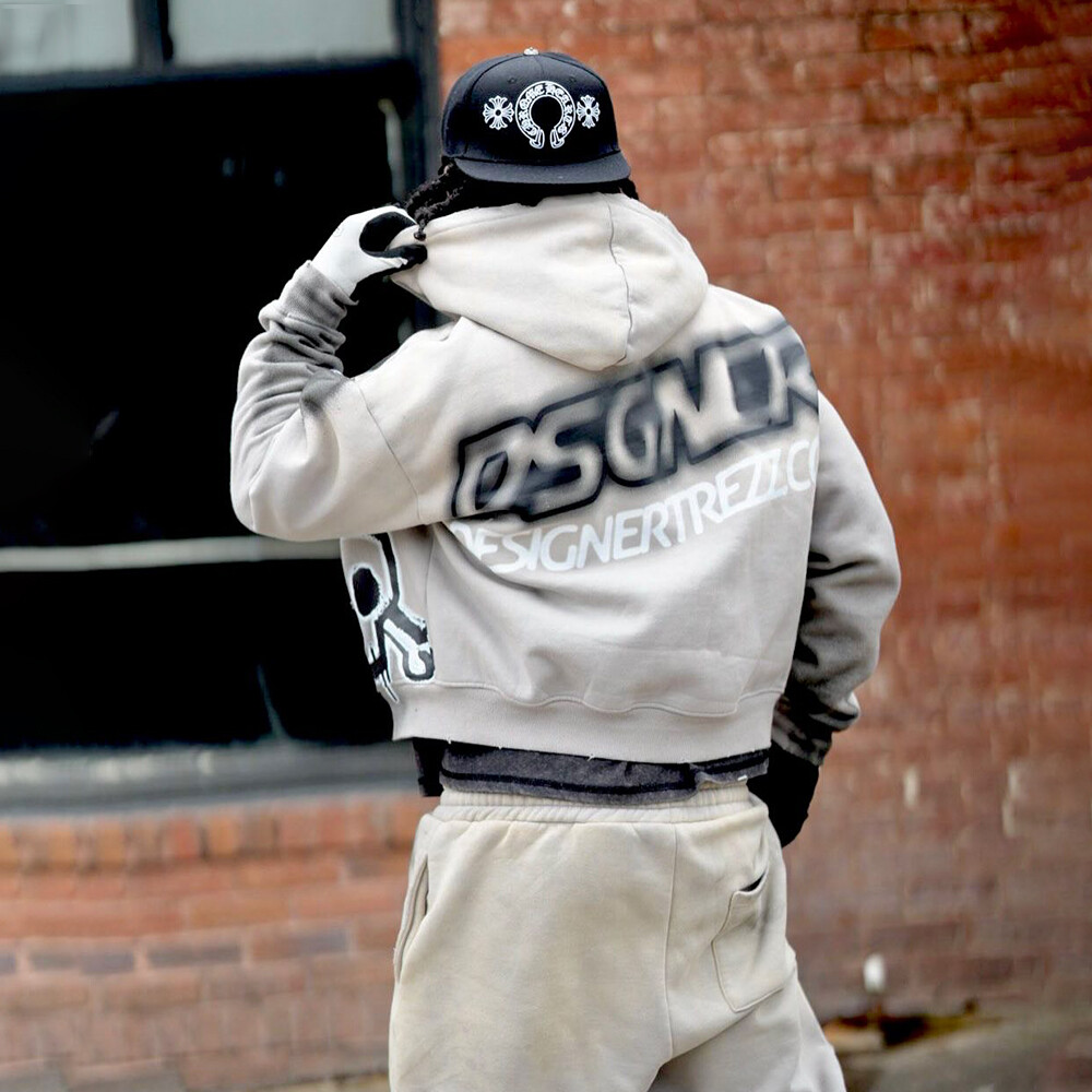 Denim woven oversized sport pants, zipper hoodie set, men's custom high-quality elevated street wear for autumn and winter