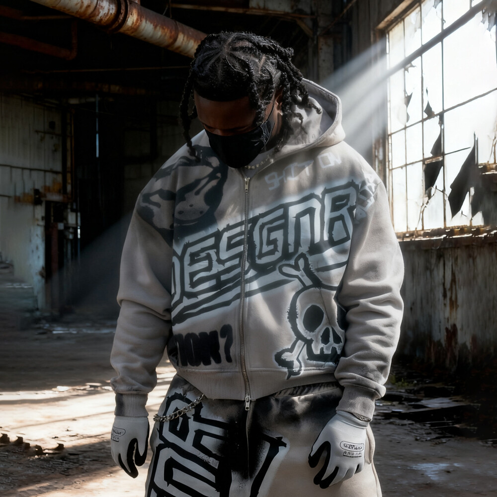 Denim woven oversized sport pants, zipper hoodie set, men's custom high-quality elevated street wear for autumn and winter