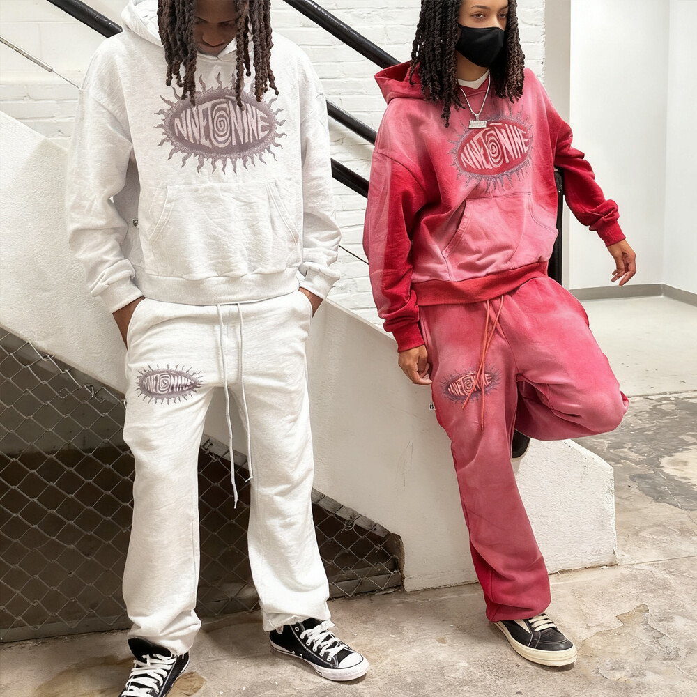 400 Gsm custom acid-washed and printed sportswear pants sets and pullover hoodie sets, men's custom sportswear street wear manufacturer