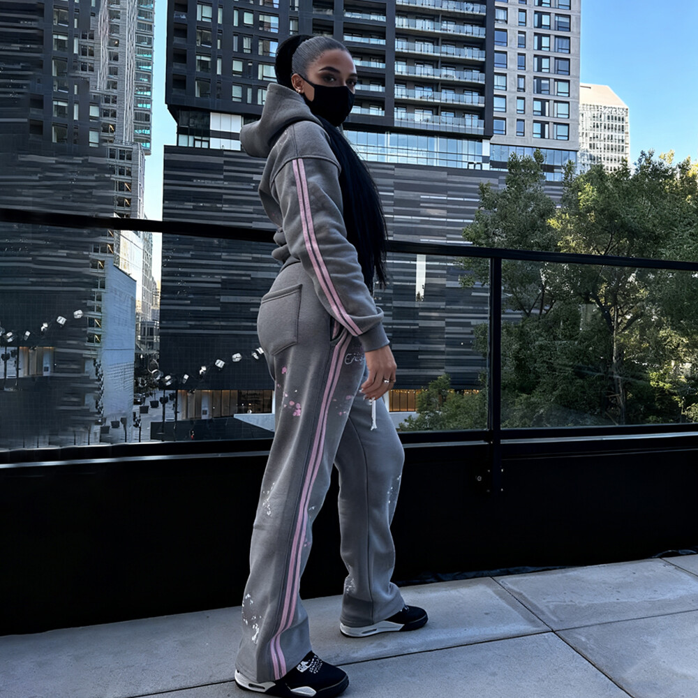 500 Gsm cotton polyester wholesale custom vintage embroidered men's zippered hoodie and sweatshirt set