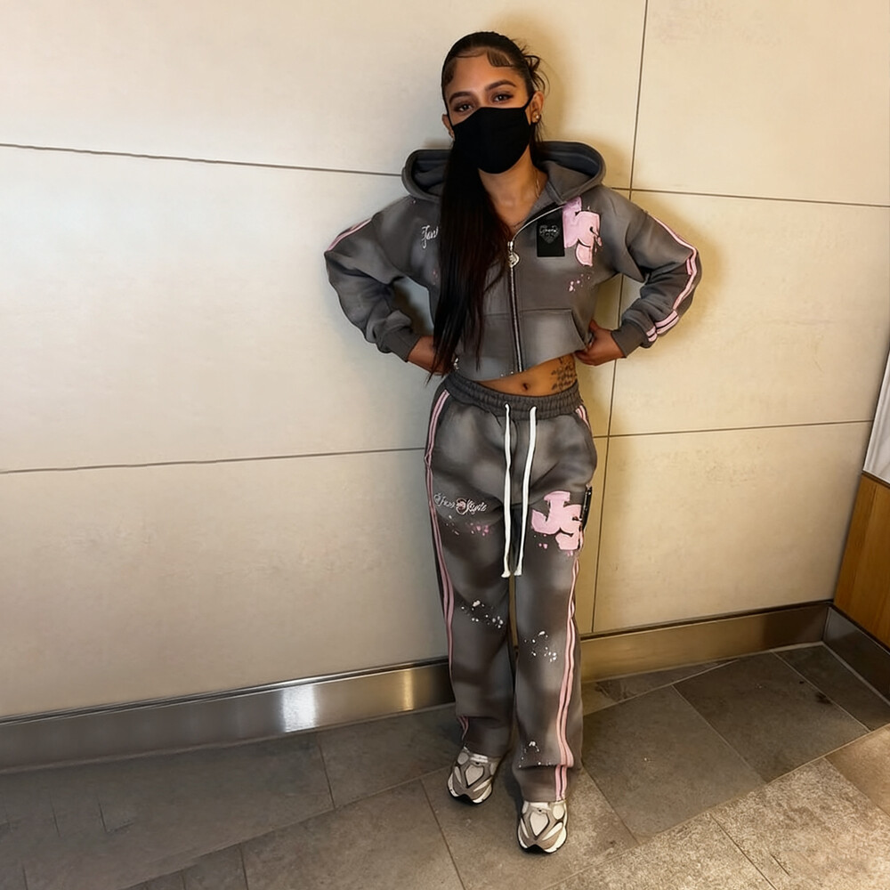 500 Gsm cotton polyester wholesale custom vintage embroidered men's zippered hoodie and sweatshirt set