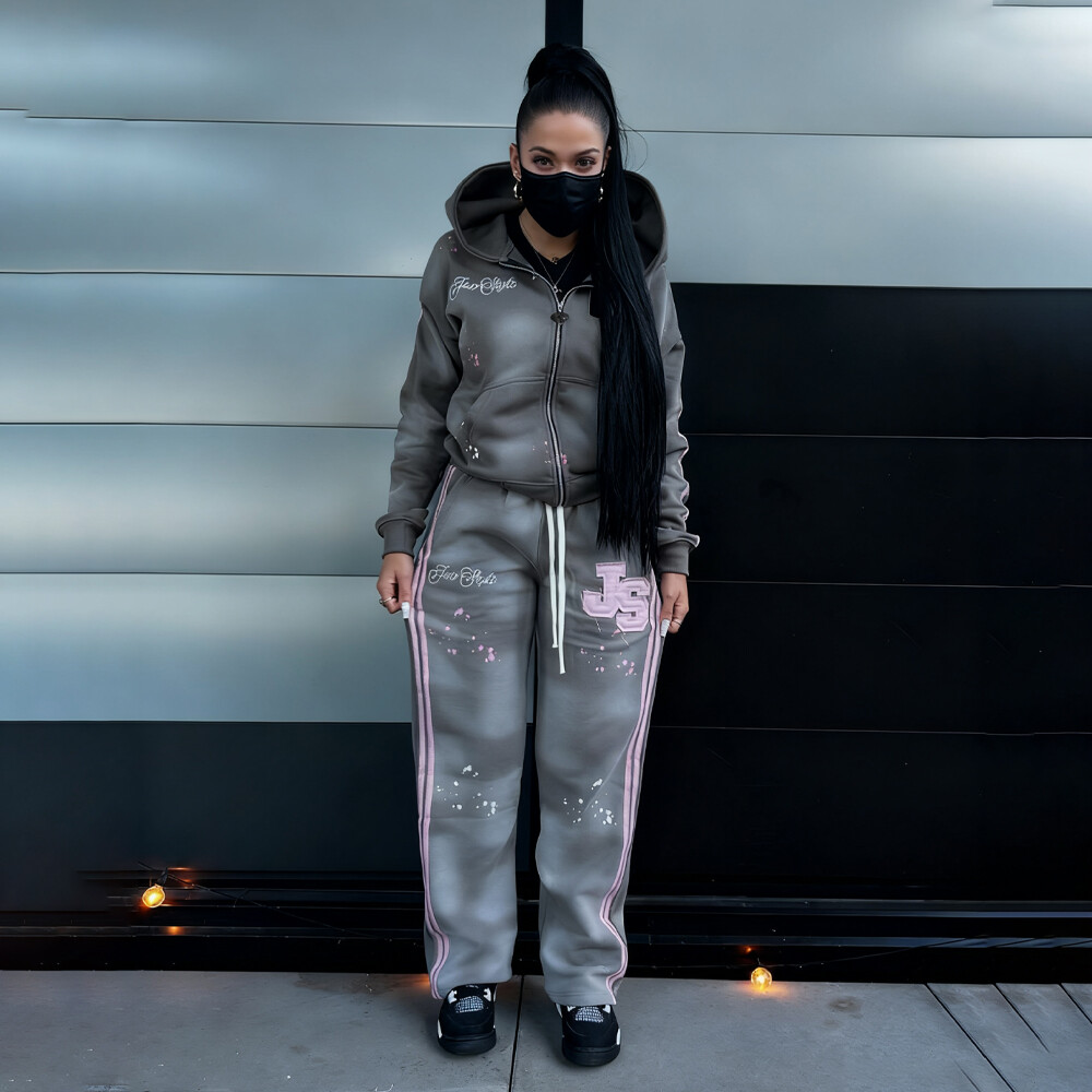 500 Gsm cotton polyester wholesale custom vintage embroidered men's zippered hoodie and sweatshirt set