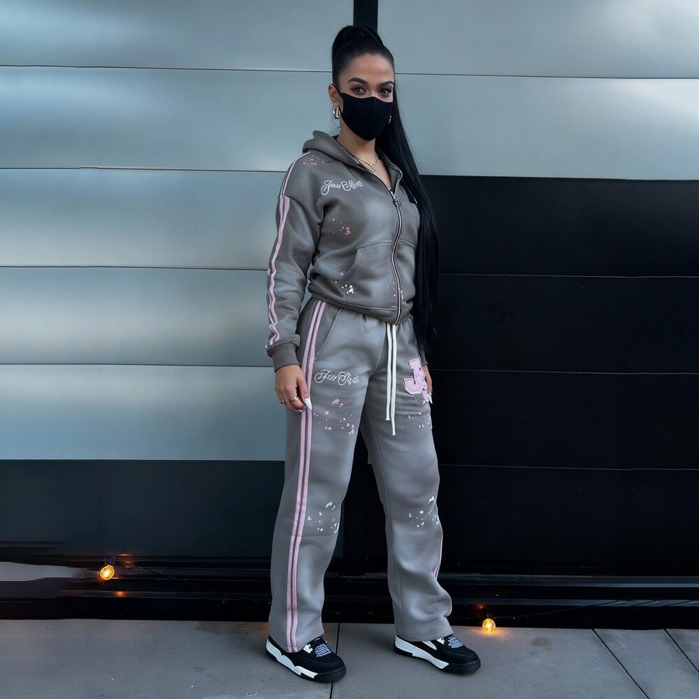 500 Gsm cotton polyester wholesale custom vintage embroidered men's zippered hoodie and sweatshirt set