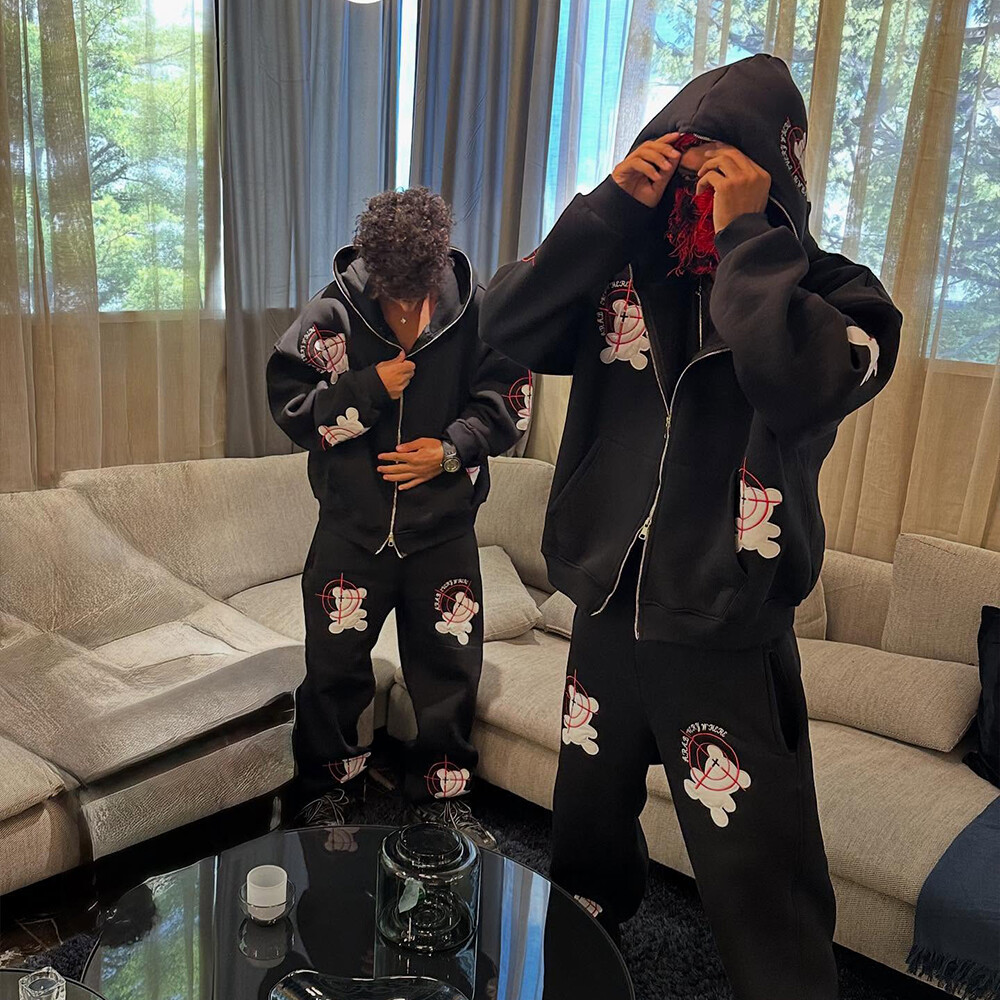 Customized animal embroidery winter men's sportswear pants hoodie set, quick-drying knitted double-zipper track set, street wear