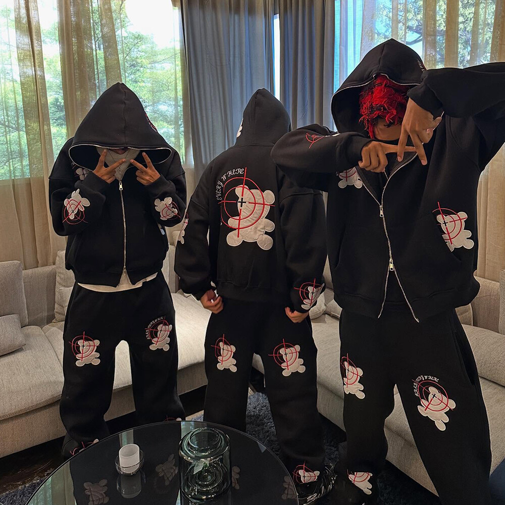 Customized animal embroidery winter men's sportswear pants hoodie set, quick-drying knitted double-zipper track set, street wear