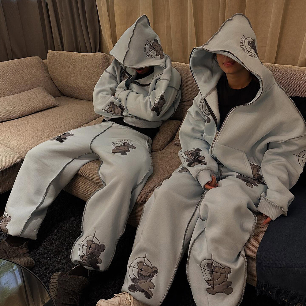 Customized animal embroidery winter men's sportswear pants hoodie set, quick-drying knitted double-zipper track set, street wear