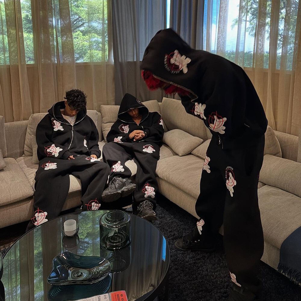 Customized animal embroidery winter men's sportswear pants hoodie set, quick-drying knitted double-zipper track set, street wear