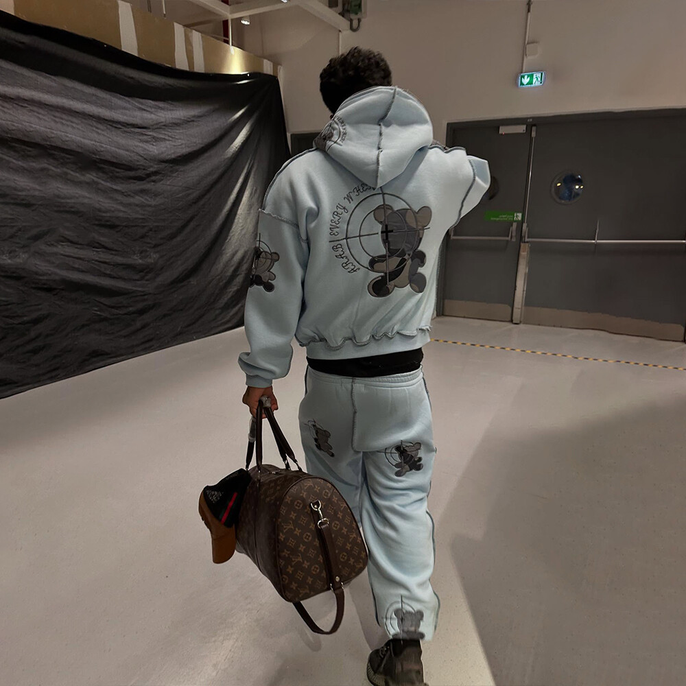 Customized animal embroidery winter men's sportswear pants hoodie set, quick-drying knitted double-zipper track set, street wear