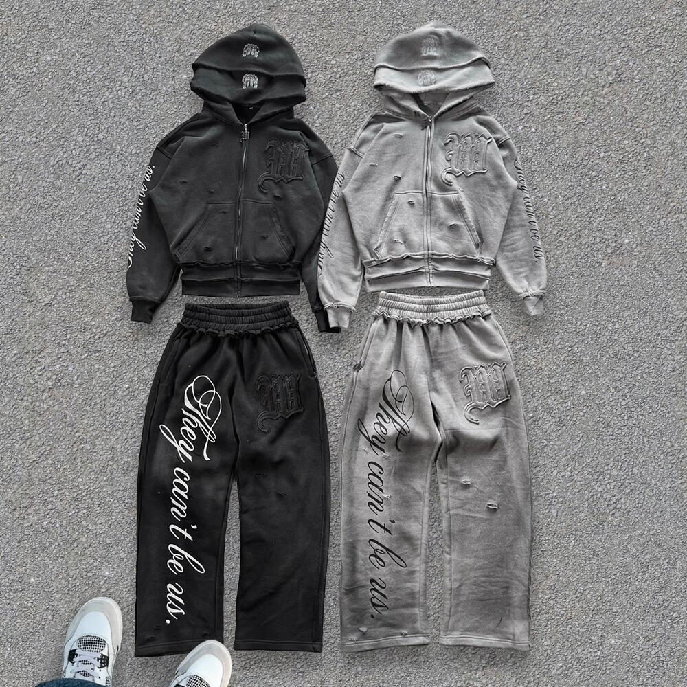 Streetwear 400 Gsm custom men's sportswear pants imitation two-piece set, zipper loop tearful hoodie velvet set, autumn print