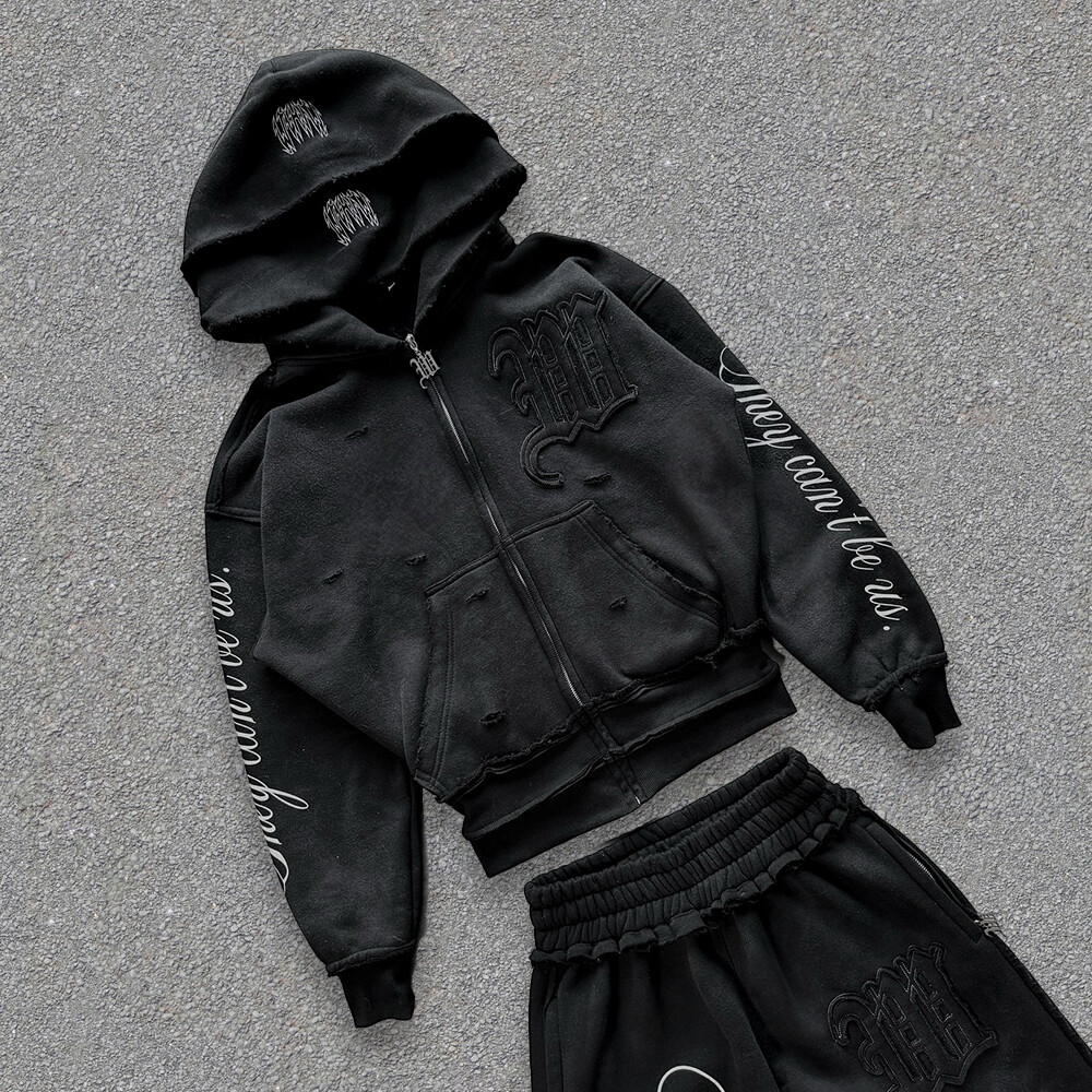 Streetwear 400 Gsm custom men's sportswear pants imitation two-piece set, zipper loop tearful hoodie velvet set, autumn print