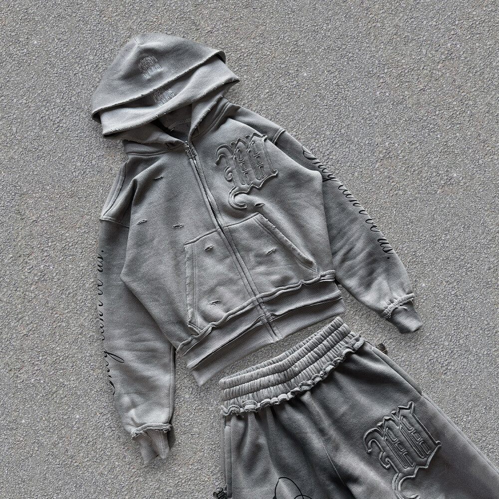 Streetwear 400 Gsm custom men's sportswear pants imitation two-piece set, zipper loop tearful hoodie velvet set, autumn print