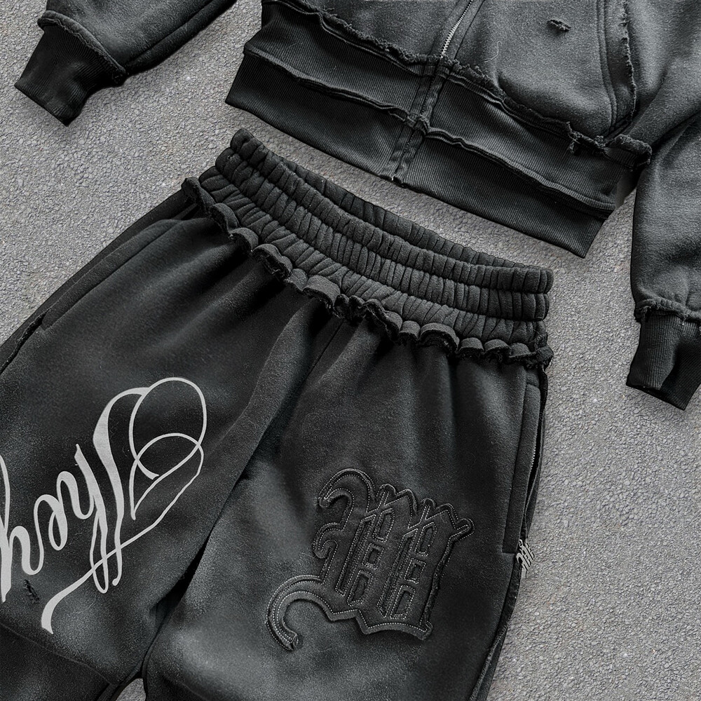 Streetwear 400 Gsm custom men's sportswear pants imitation two-piece set, zipper loop tearful hoodie velvet set, autumn print