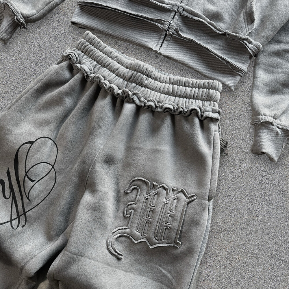 Streetwear 400 Gsm custom men's sportswear pants imitation two-piece set, zipper loop tearful hoodie velvet set, autumn print