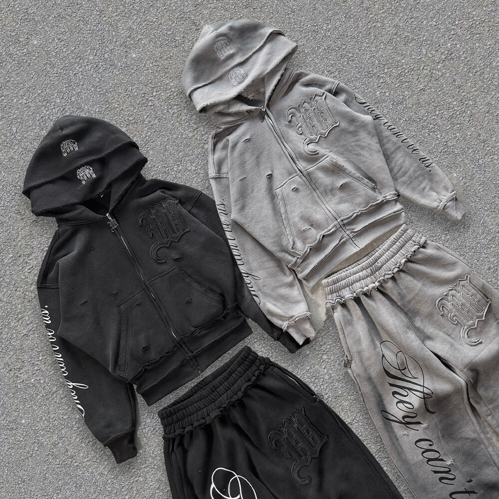 Streetwear 400 Gsm custom men's sportswear pants imitation two-piece set, zipper loop tearful hoodie velvet set, autumn print