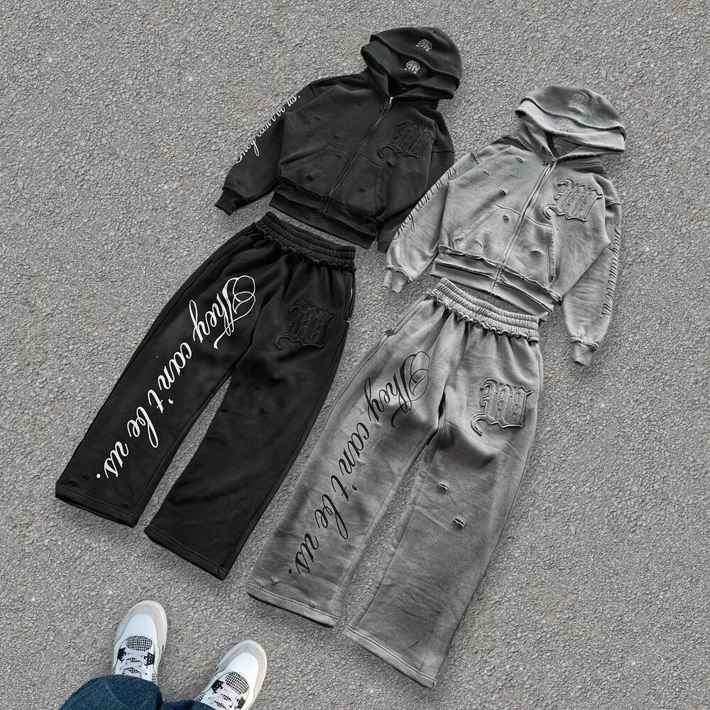 Streetwear 400 Gsm custom men's sportswear pants imitation two-piece set, zipper loop tearful hoodie velvet set, autumn print