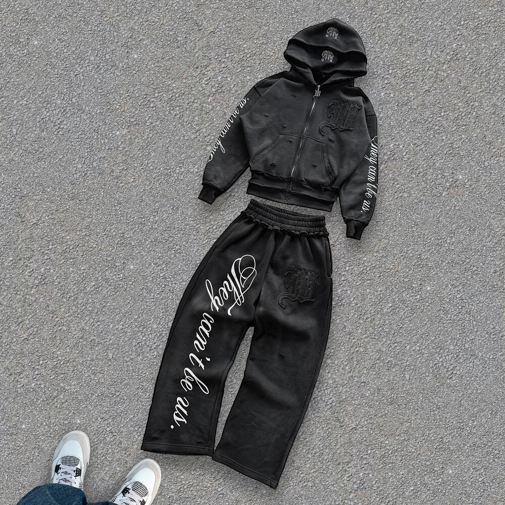 Streetwear 400 Gsm custom men's sportswear pants imitation two-piece set, zipper loop tearful hoodie velvet set, autumn print