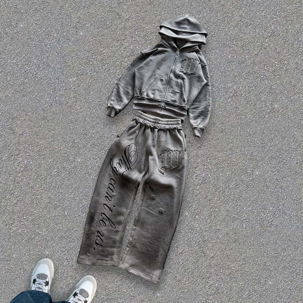 Streetwear 400 Gsm custom men's sportswear pants imitation two-piece set, zipper loop tearful hoodie velvet set, autumn print