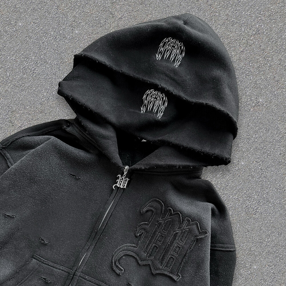 Streetwear 400 Gsm custom men's sportswear pants imitation two-piece set, zipper loop tearful hoodie velvet set, autumn print