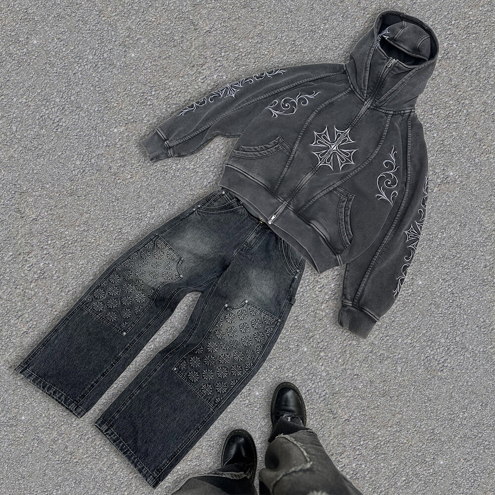 High-quality custom-made denim warm autumn sportswear pants, mask zipper hoodie set, Gothic retro men's washed sportswear