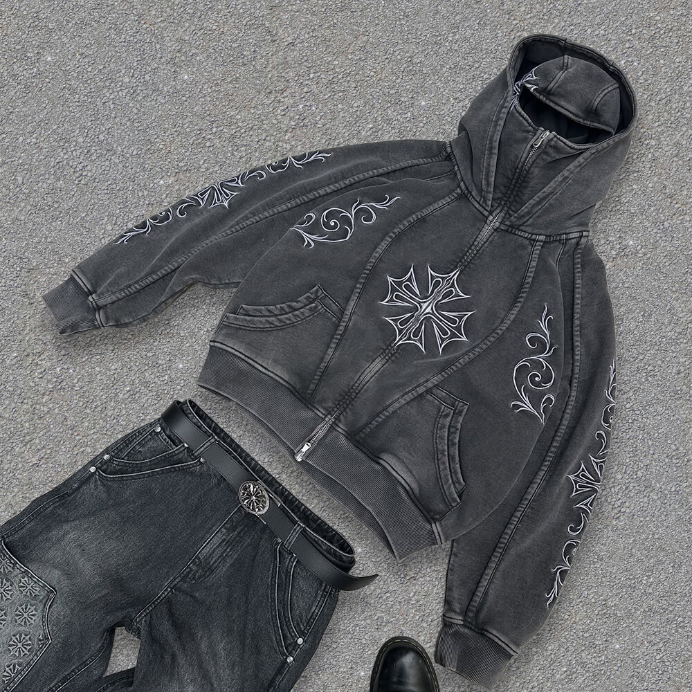 High-quality custom-made denim warm autumn sportswear pants, mask zipper hoodie set, Gothic retro men's washed sportswear