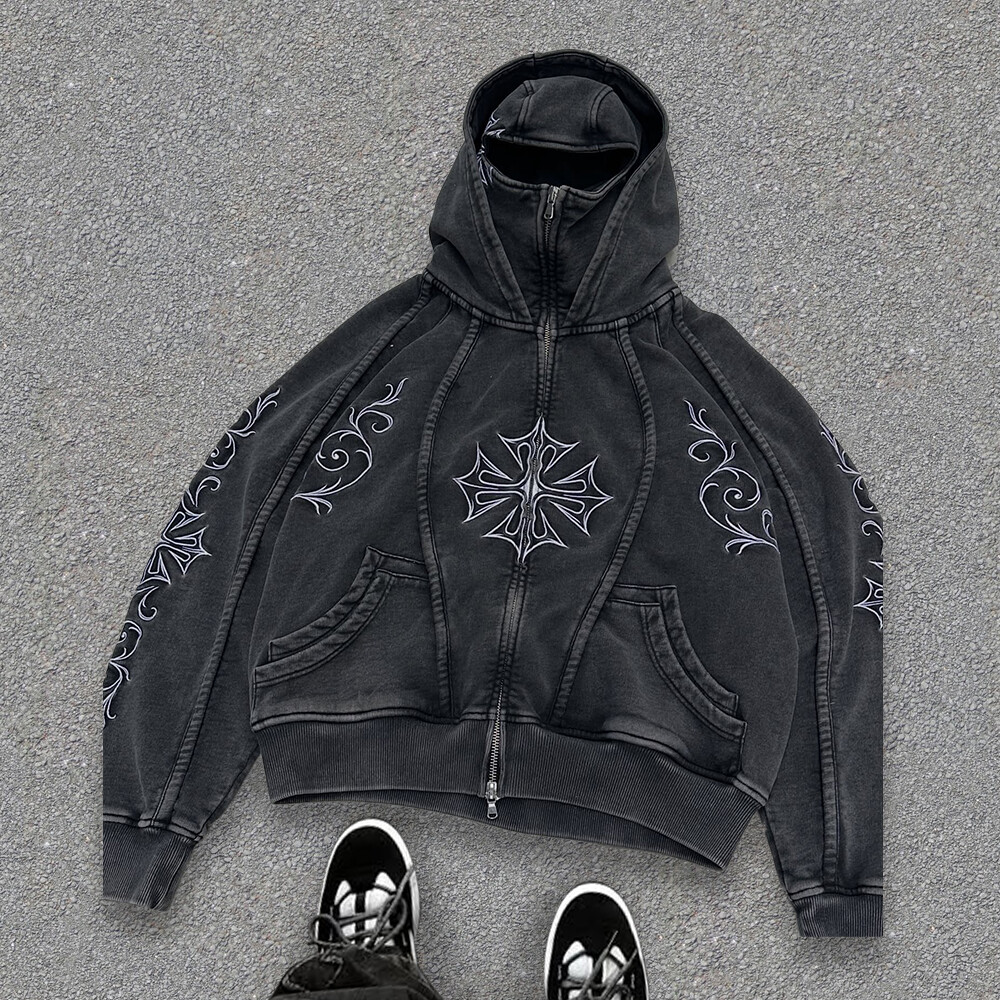 High-quality custom-made denim warm autumn sportswear pants, mask zipper hoodie set, Gothic retro men's washed sportswear