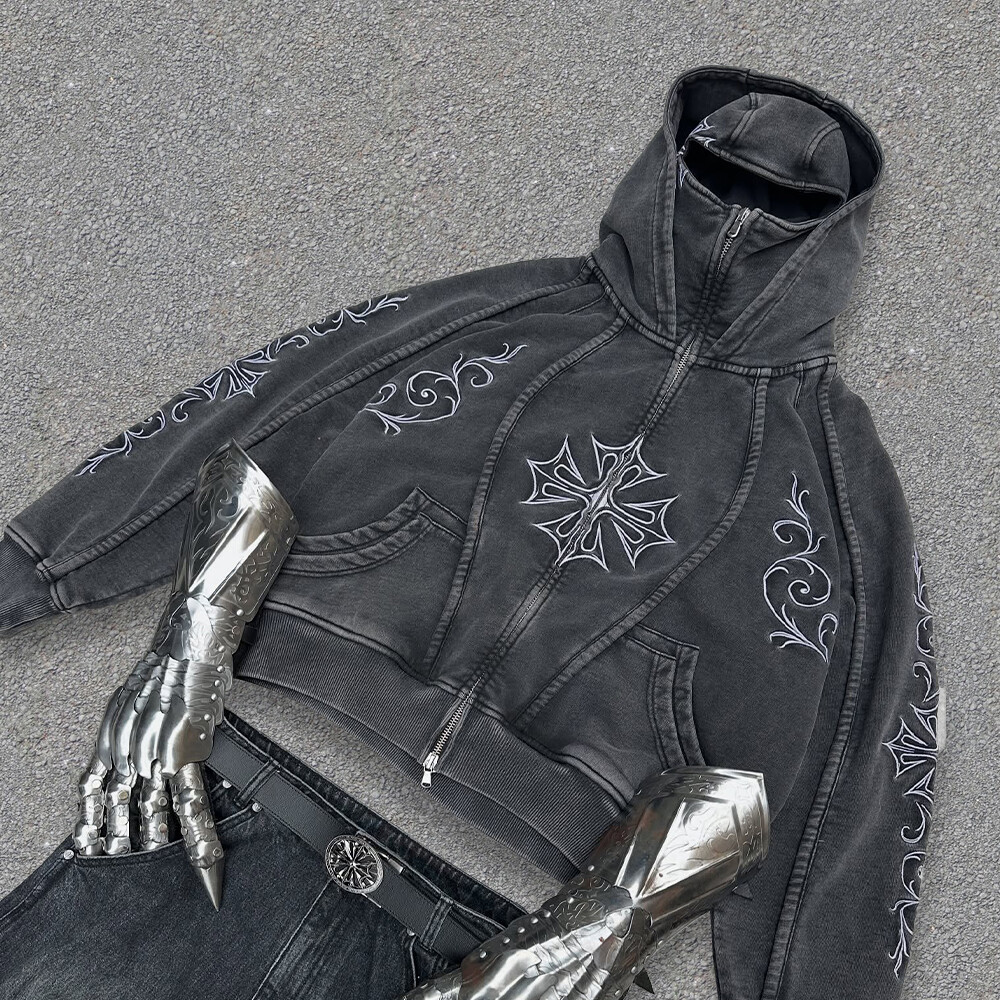 High-quality custom-made denim warm autumn sportswear pants, mask zipper hoodie set, Gothic retro men's washed sportswear