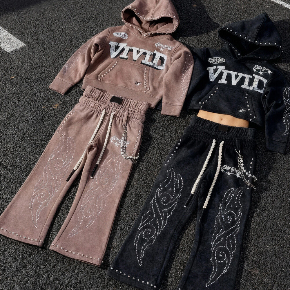 Men's winter flared pants hoodie 3D vintage high-quality cotton streetwear custom logo heavy 2-piece jogging set