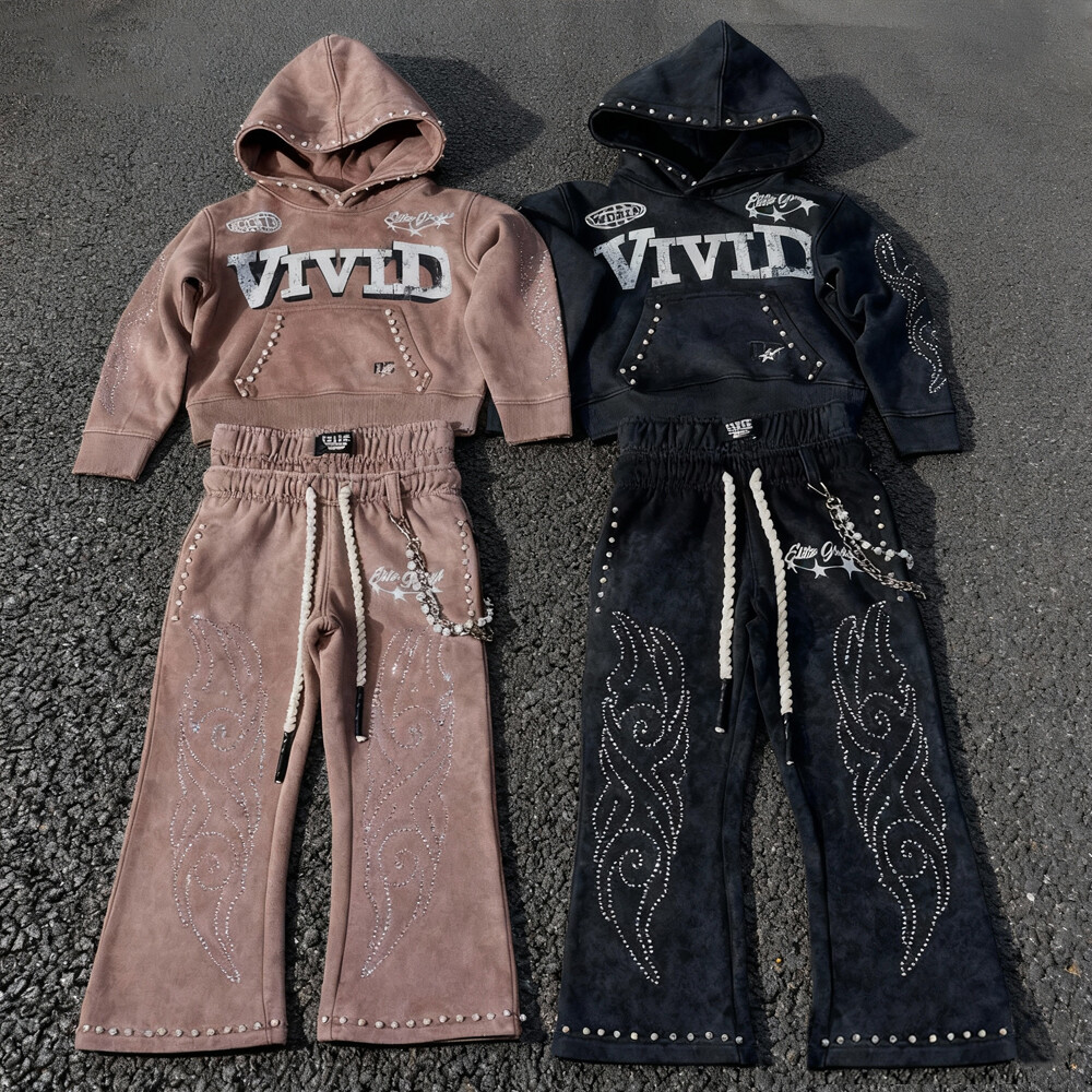 Men's winter flared pants hoodie 3D vintage high-quality cotton streetwear custom logo heavy 2-piece jogging set