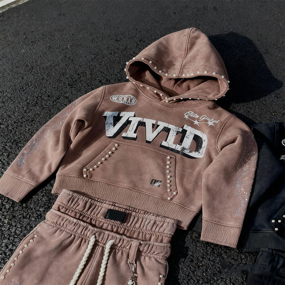 Men's winter flared pants hoodie 3D vintage high-quality cotton streetwear custom logo heavy 2-piece jogging set