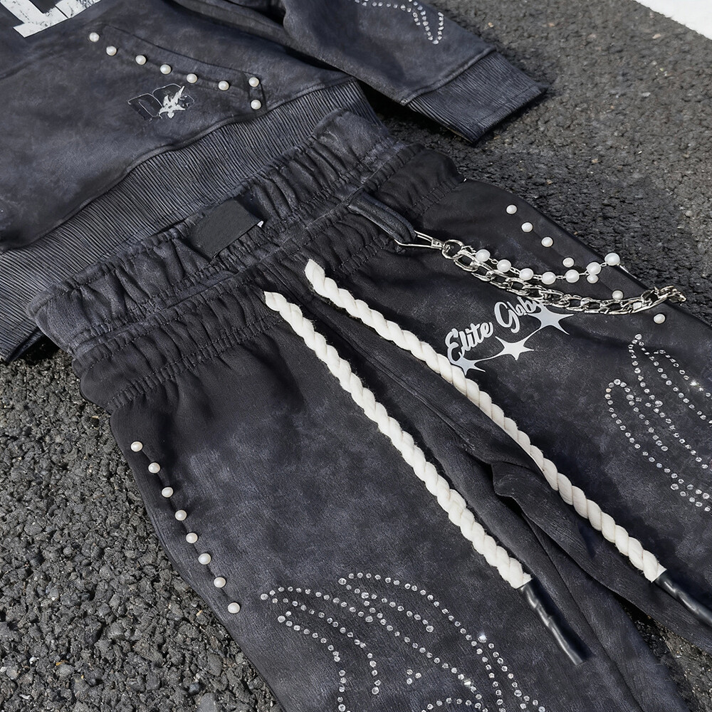 Men's winter flared pants hoodie 3D vintage high-quality cotton streetwear custom logo heavy 2-piece jogging set