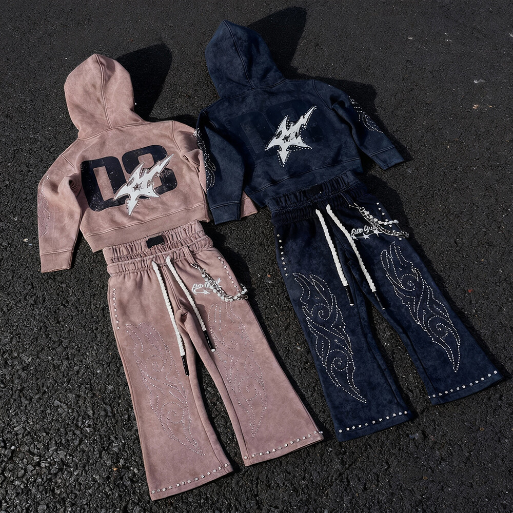 Men's winter flared pants hoodie 3D vintage high-quality cotton streetwear custom logo heavy 2-piece jogging set