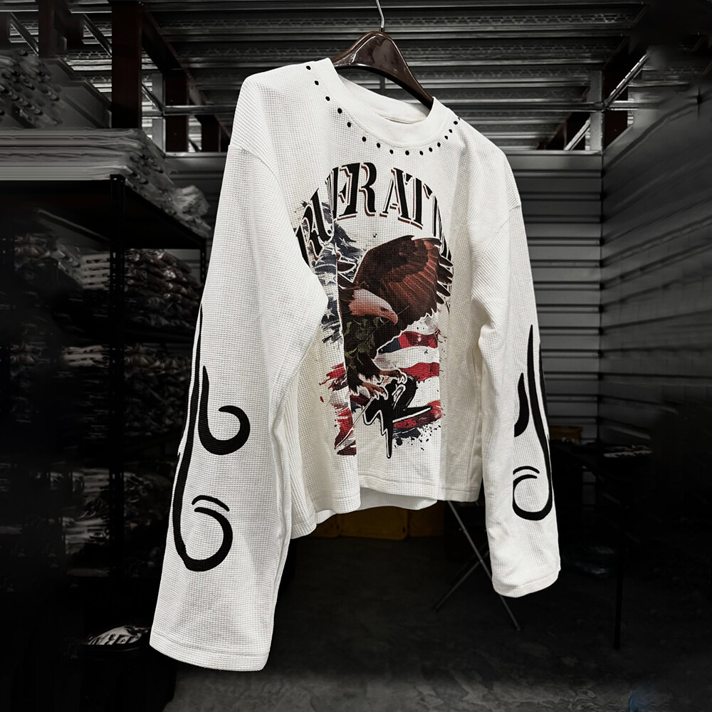 Fashionable waffle shirt with animal patterns, custom-made men's polyester-cotton off-the-shoulder long-sleeved white streetwear, quick-drying