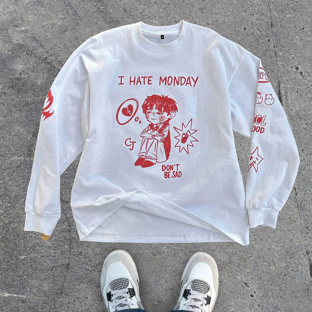 100% polyester vintage round-neck T-shirt custom oversized Y2K men's knitted long-sleeved cartoon DTG shirt manufacturer