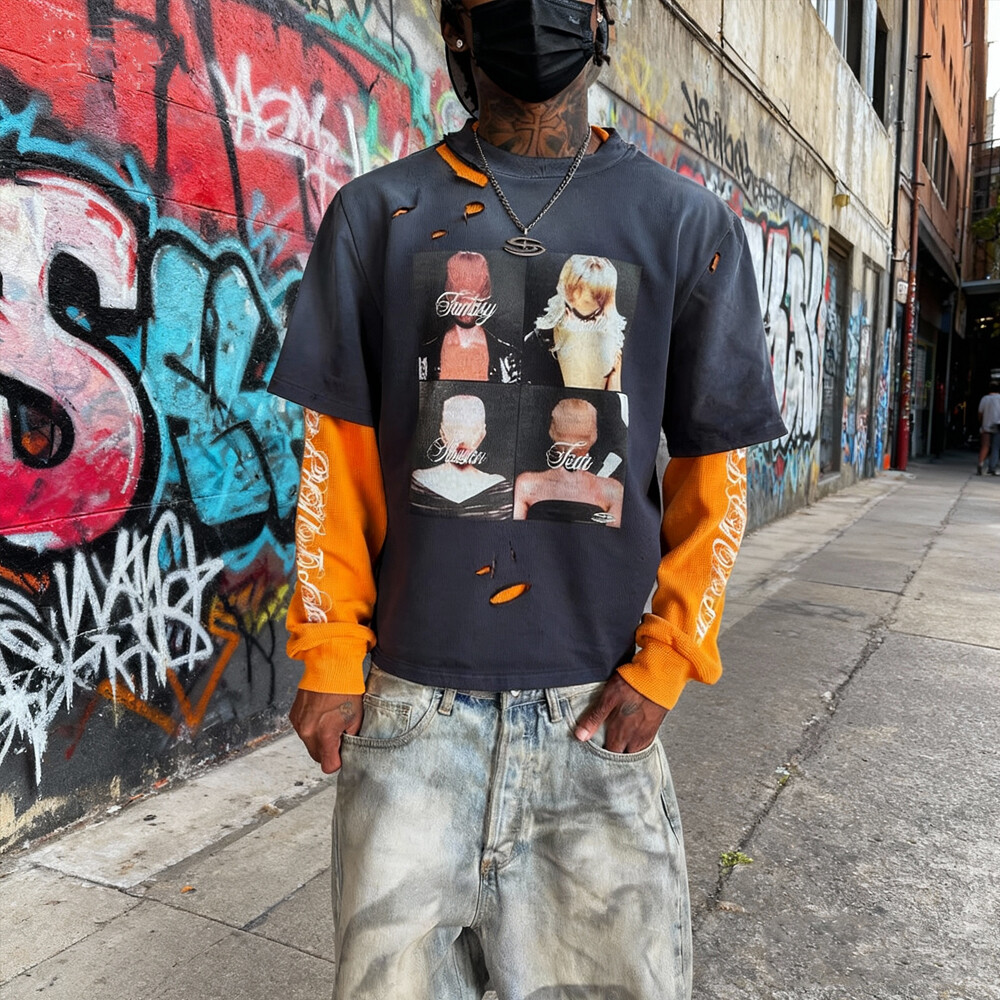 Customized two-piece heat transfer printed men's large-sized long-sleeved 100% cotton knitted figure printed high-quality T-shirt