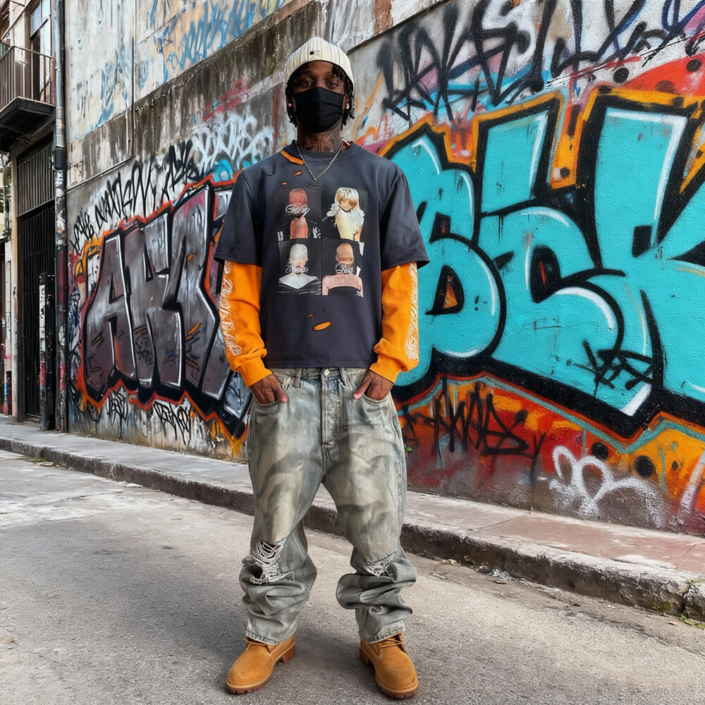 Customized two-piece heat transfer printed men's large-sized long-sleeved 100% cotton knitted figure printed high-quality T-shirt