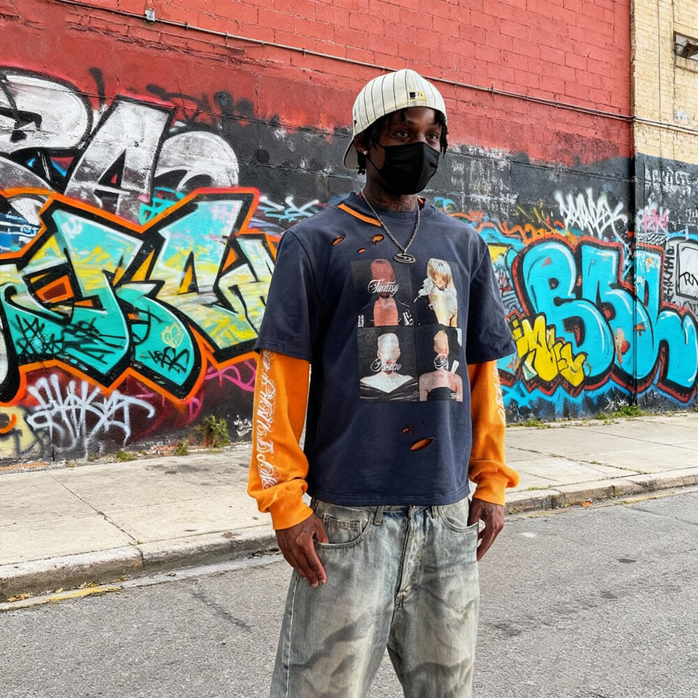 Customized two-piece heat transfer printed men's large-sized long-sleeved 100% cotton knitted figure printed high-quality T-shirt