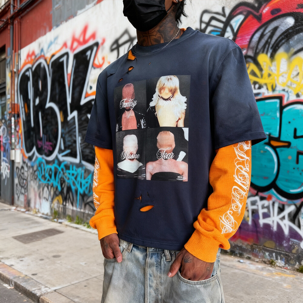 Customized two-piece heat transfer printed men's large-sized long-sleeved 100% cotton knitted figure printed high-quality T-shirt