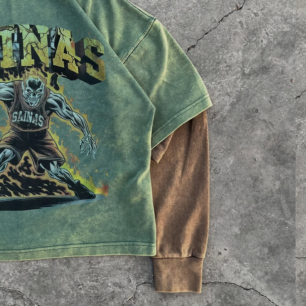 Custom pattern imitation double-layer plus-size men's polyester-cotton long-sleeved acid-washed T-shirt manufacturer