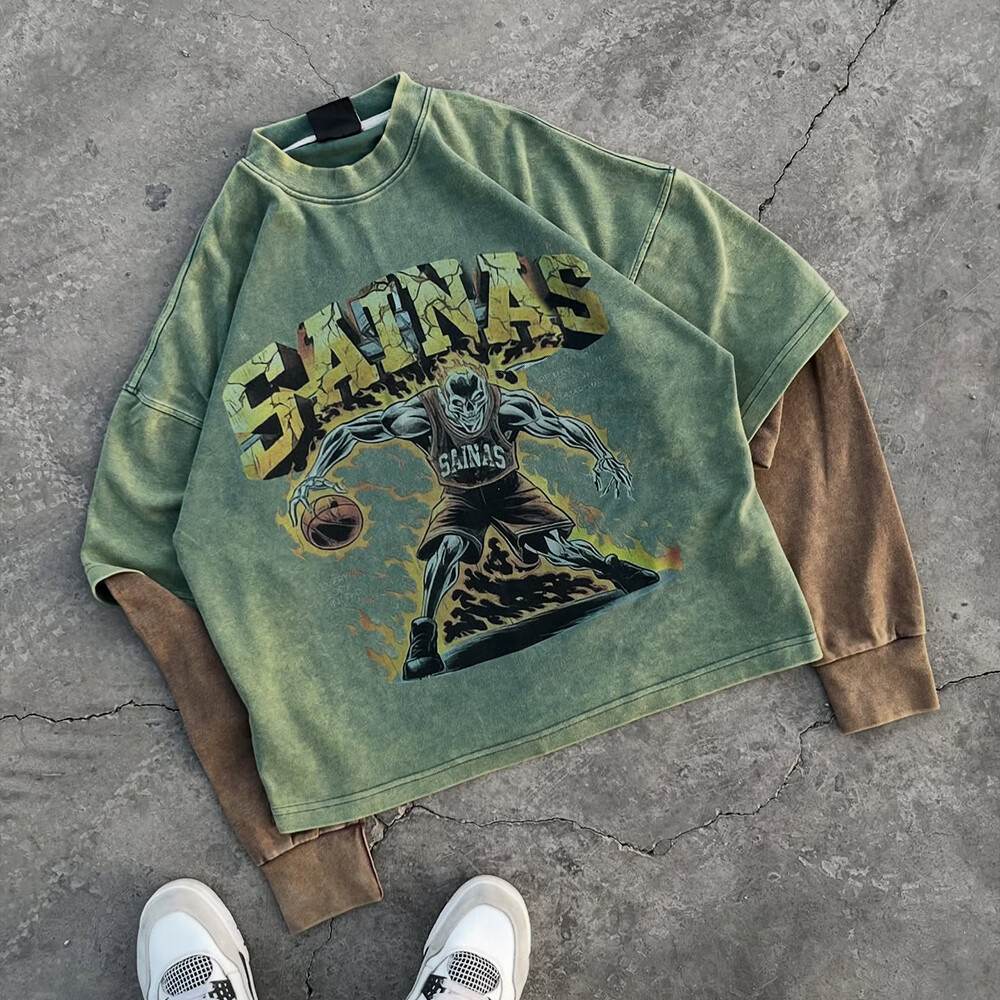 Custom pattern imitation double-layer plus-size men's polyester-cotton long-sleeved acid-washed T-shirt manufacturer