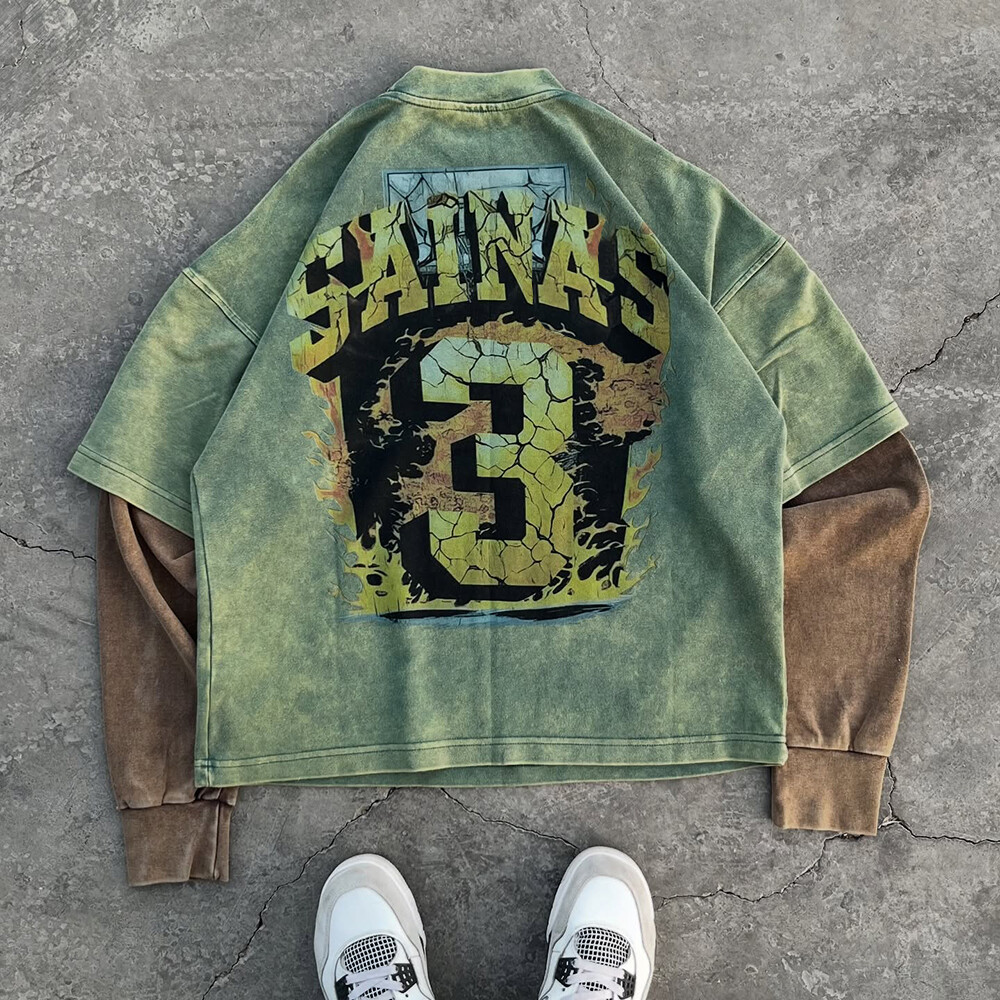 Custom pattern imitation double-layer plus-size men's polyester-cotton long-sleeved acid-washed T-shirt manufacturer