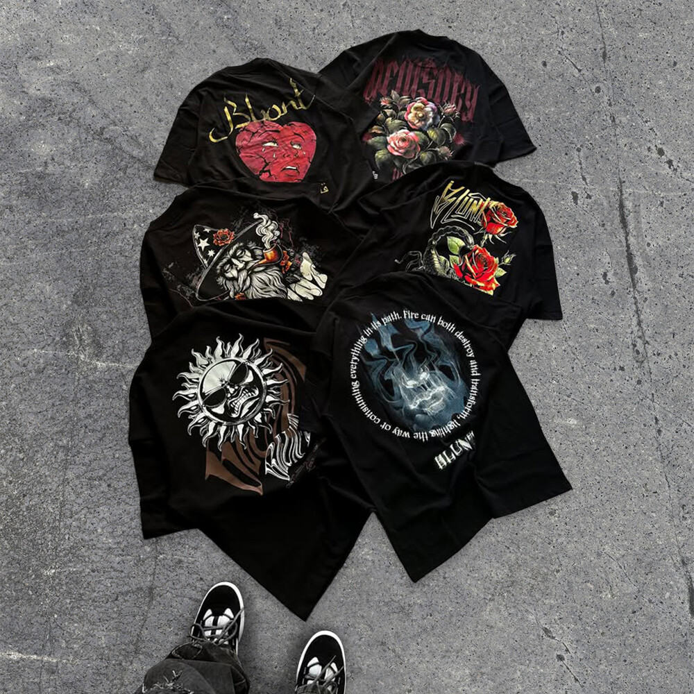 Chao Ling 100% cotton knitted T-shirt custom personalized screen-printed animal pattern logo men's retro black streetwear