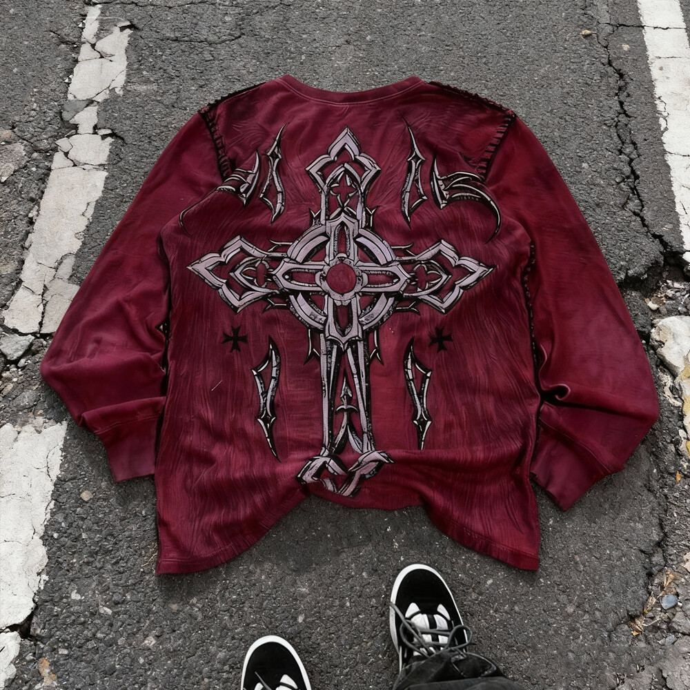 Wholesale high-quality waffle cookies, extra-large acid-washed vintage men's loose, dry long-sleeved T-shirts, custom printed Paisley