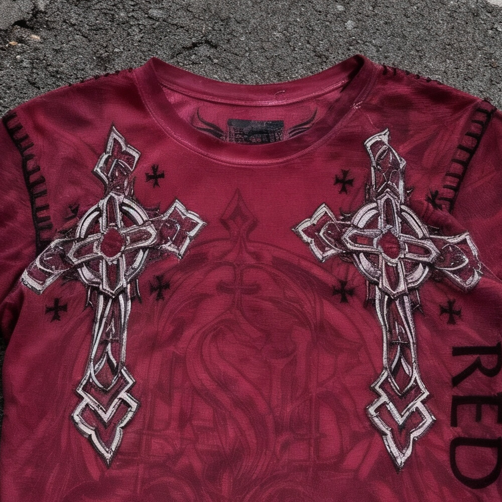 Wholesale high-quality waffle cookies, extra-large acid-washed vintage men's loose, dry long-sleeved T-shirts, custom printed Paisley