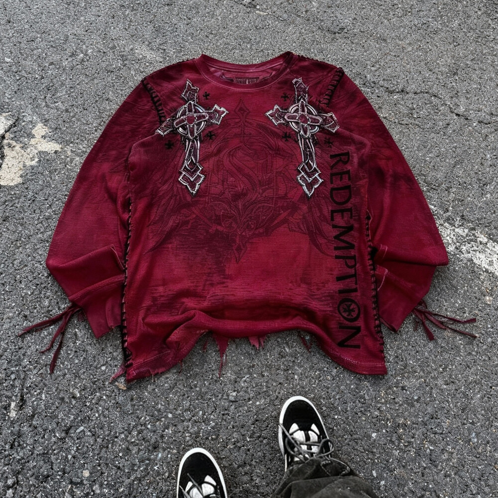 Wholesale high-quality waffle cookies, extra-large acid-washed vintage men's loose, dry long-sleeved T-shirts, custom printed Paisley