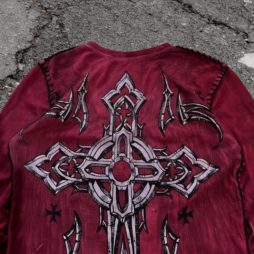 Wholesale high-quality waffle cookies, extra-large acid-washed vintage men's loose, dry long-sleeved T-shirts, custom printed Paisley