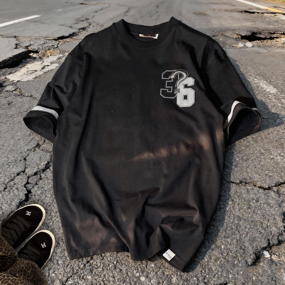 Black men's long knitted cotton T-shirt, high-quality custom 3D embroidered streetwear