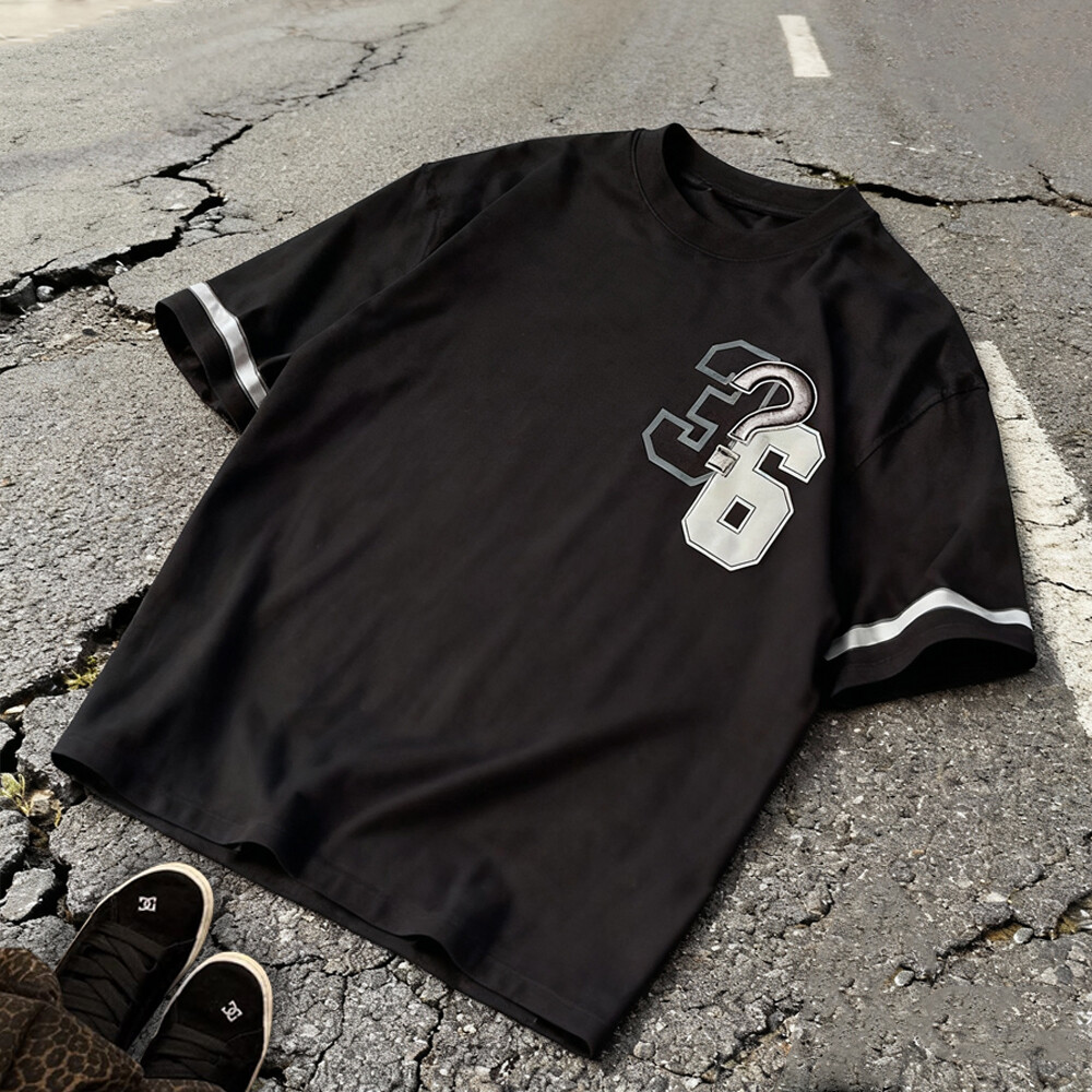 Black men's long knitted cotton T-shirt, high-quality custom 3D embroidered streetwear