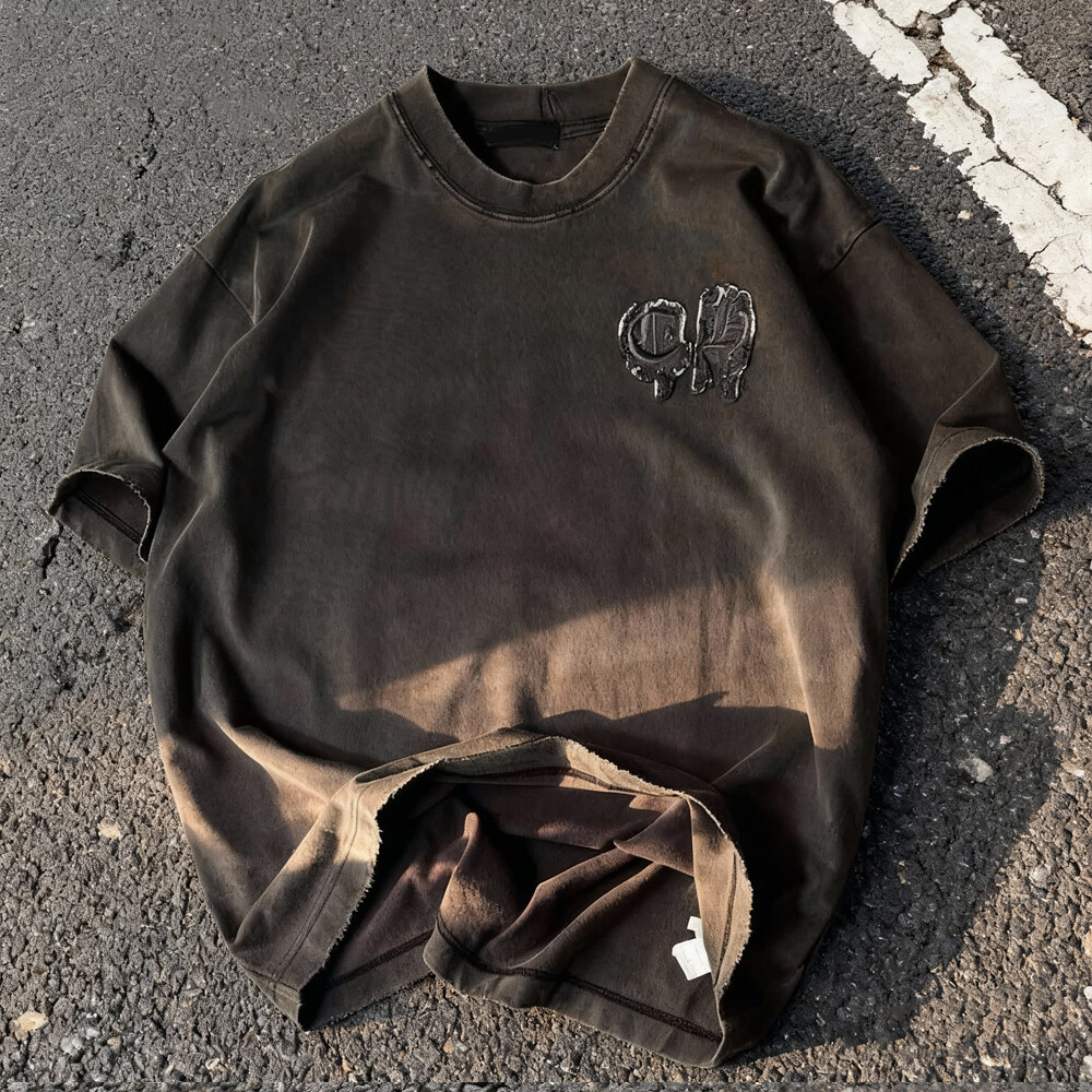 600 Gsm heavyweight knitted long oversized men's T-shirt, high-quality retro acid-washed 3D embroidered custom streetwear