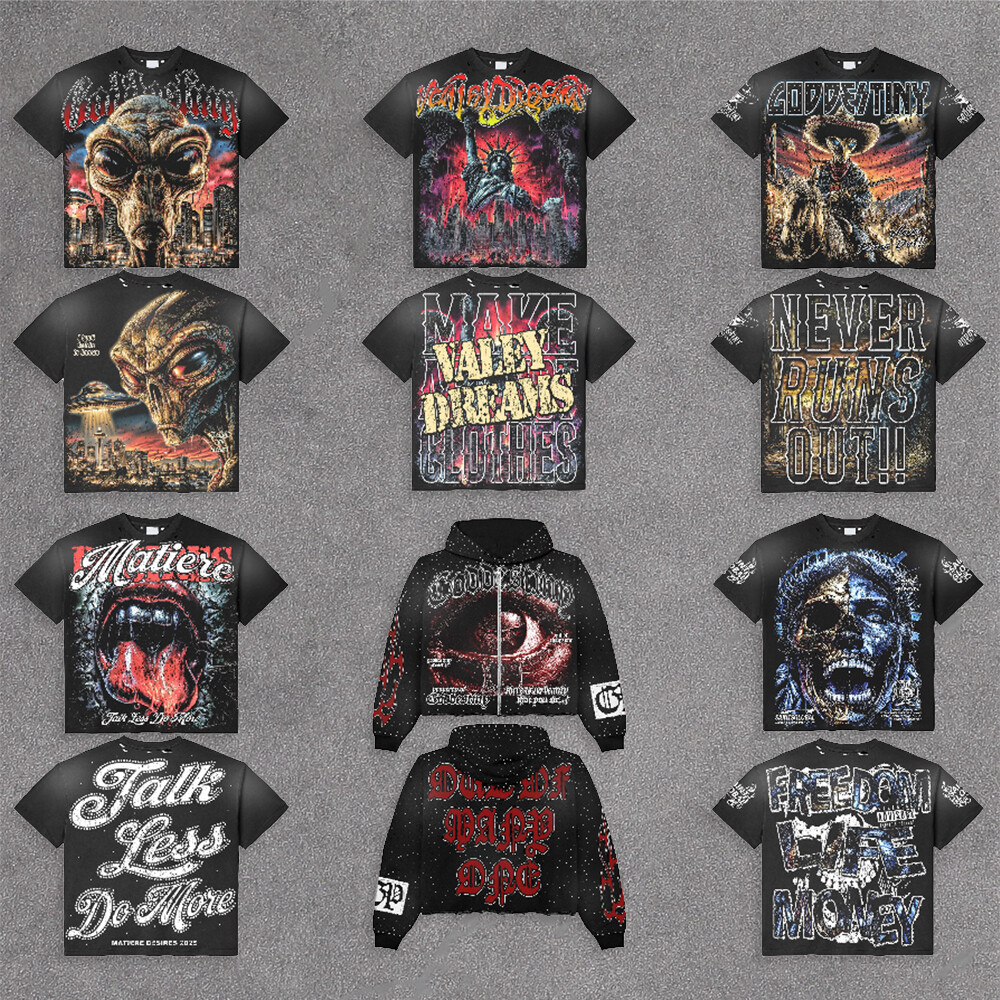 100% cotton knitted heavyweight men's T-shirt, high-quality custom 500 Gsm acid-washed street style water diamond letter short sleeve